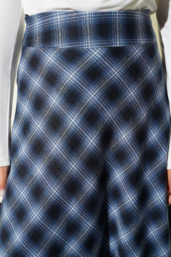 Navy Blue Plaid Bell Skirt with Zipper Waist