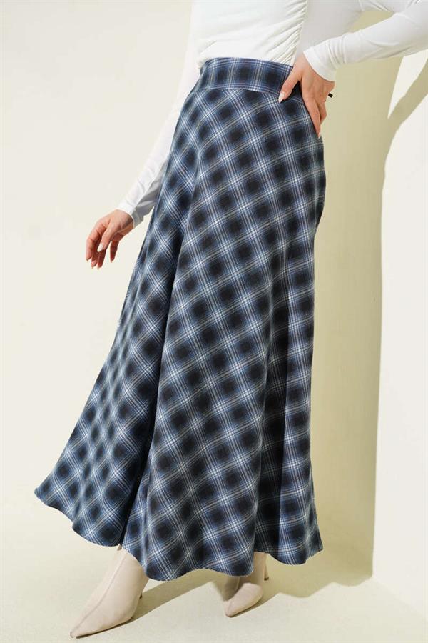 Navy Blue Plaid Bell Skirt with Zipper Waist