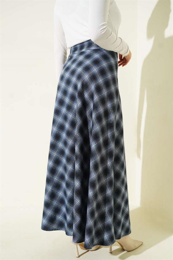 Navy Blue Plaid Bell Skirt with Zipper Waist