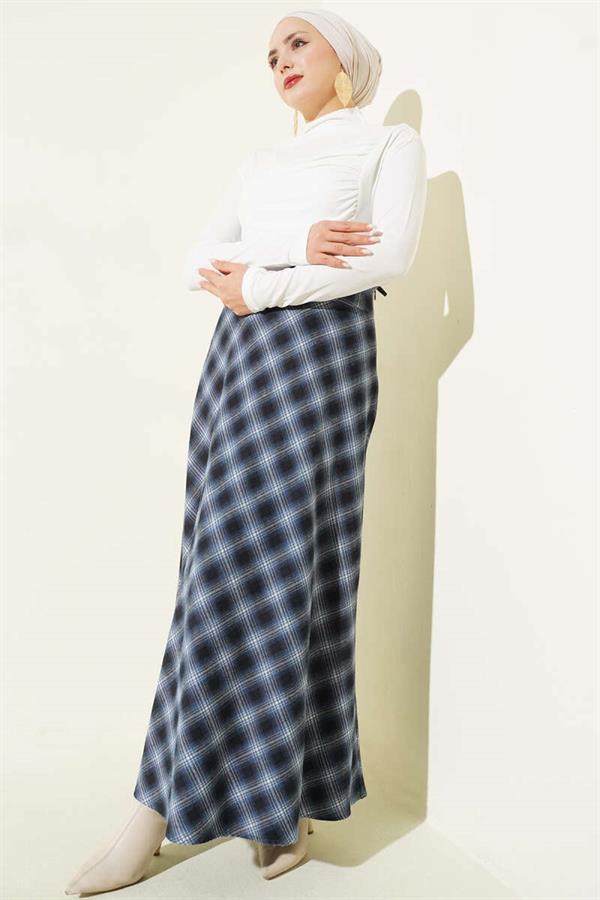 Navy Blue Plaid Bell Skirt with Zipper Waist