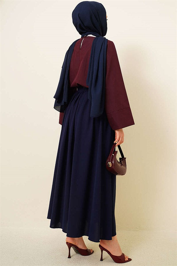 Navy Blue Pleated Skirt with Zipper Waist