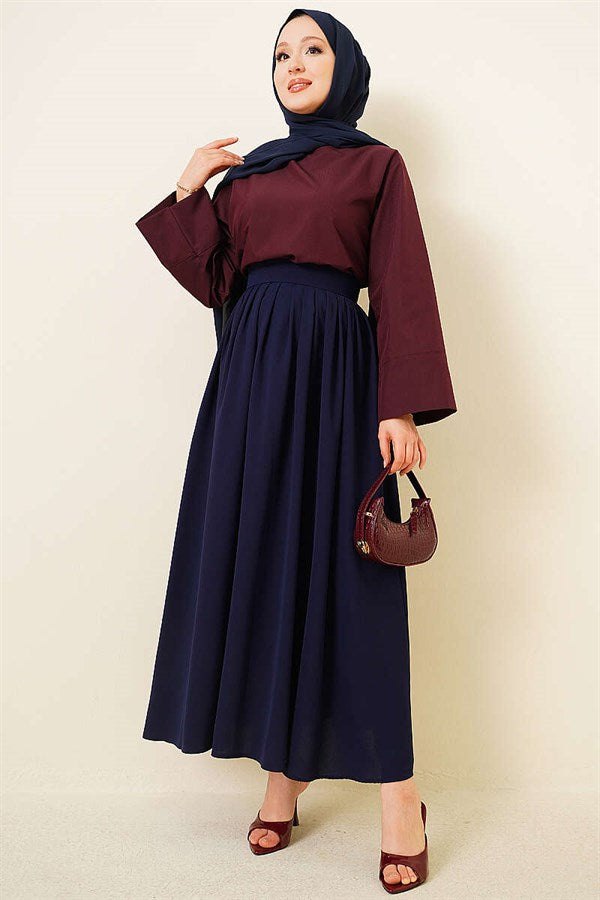 Navy Blue Pleated Skirt with Zipper Waist