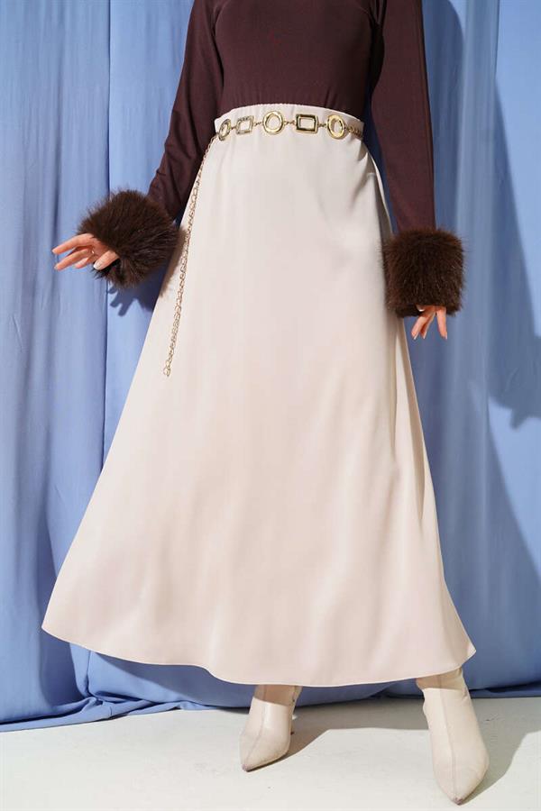 Satin Skirt with Zipper Waist, Beige