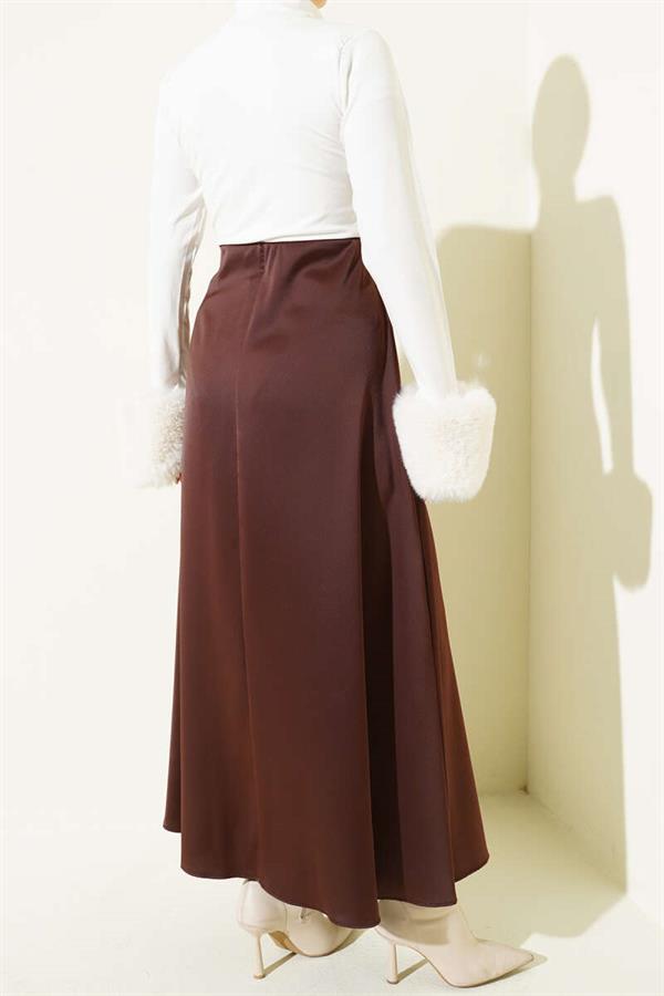 Satin Skirt with Zipper Waist, Brown