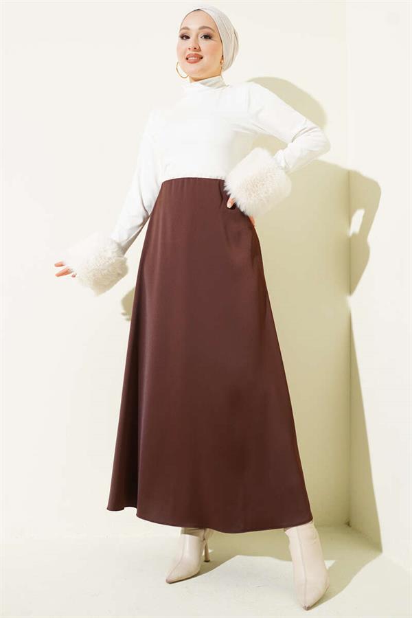 Satin Skirt with Zipper Waist, Brown