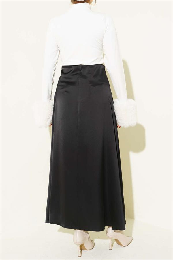 Black Satin Skirt with Zipper Waist