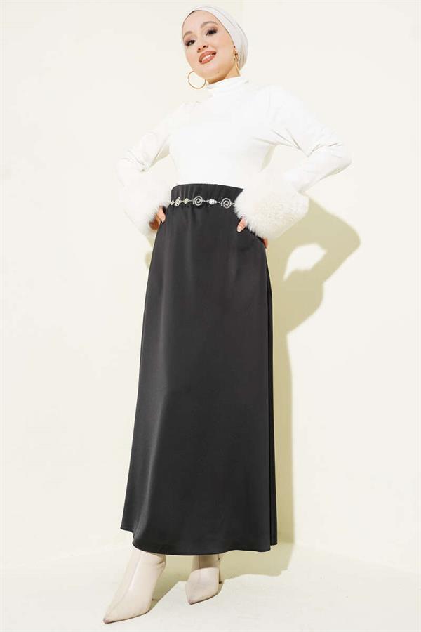 Black Satin Skirt with Zipper Waist