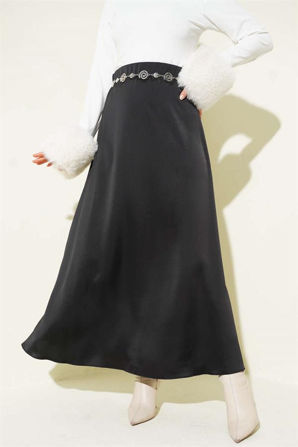 Black Satin Skirt with Zipper Waist