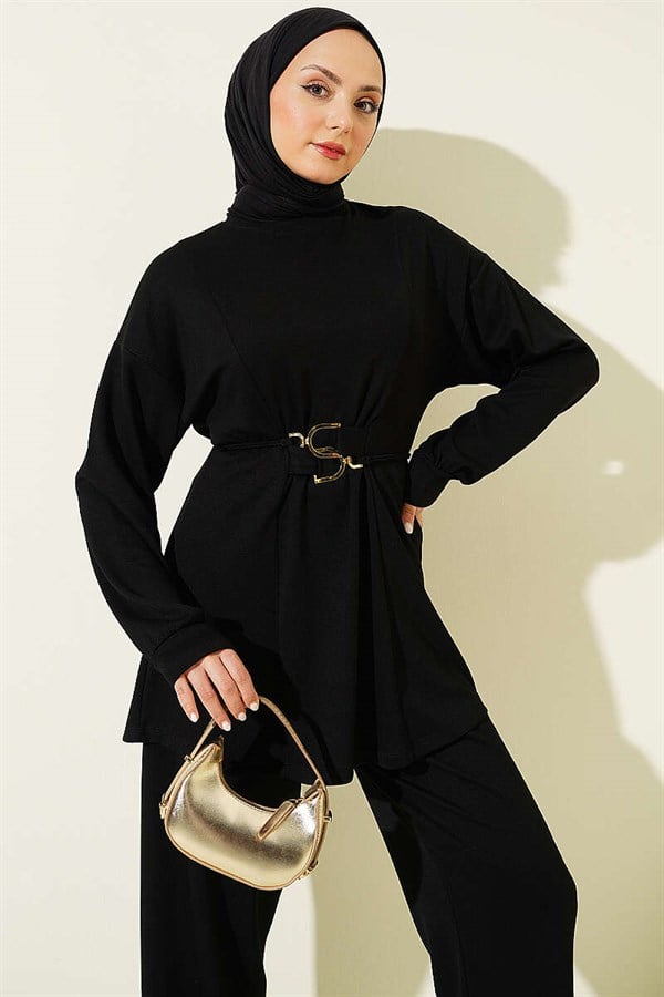 Loisha 2 Piece Set with Gold Buckle Waistband, Black