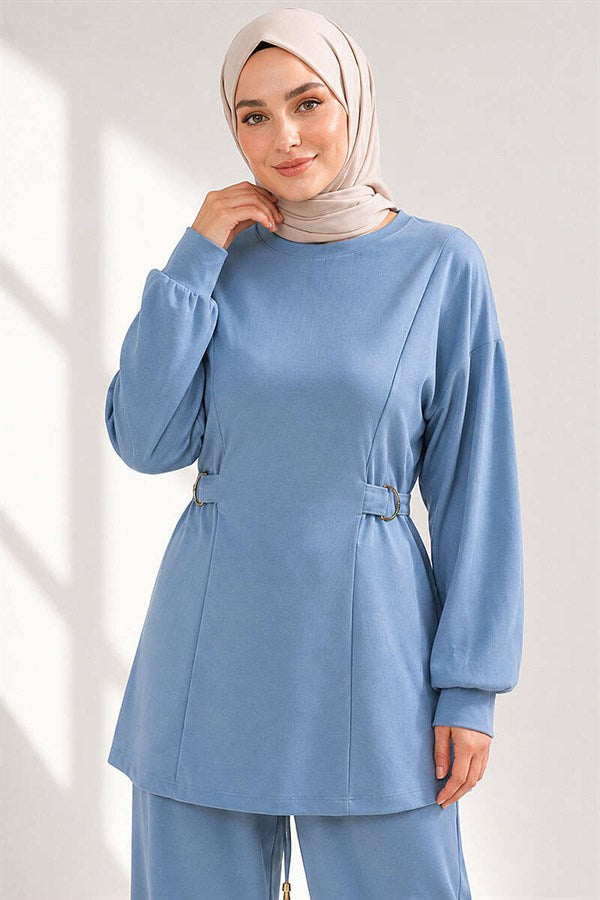 Loysa 2 Piece Set with Gold Buckle Waistband, Baby Blue