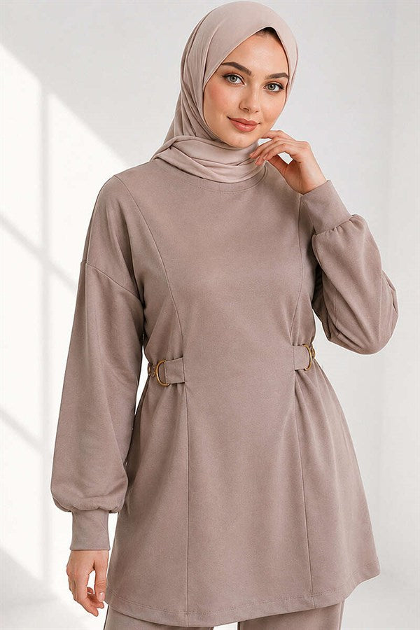 Loisha 2 Piece Set with Gold Buckle Waistband, Beige