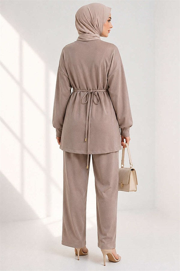 Loisha 2 Piece Set with Gold Buckle Waistband, Beige