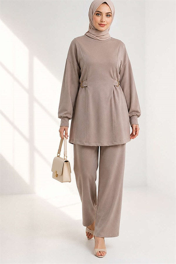 Loisha 2 Piece Set with Gold Buckle Waistband, Beige