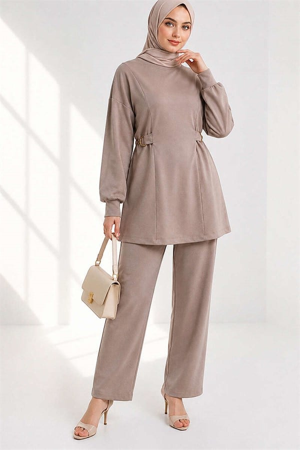 Loisha 2 Piece Set with Gold Buckle Waistband, Beige