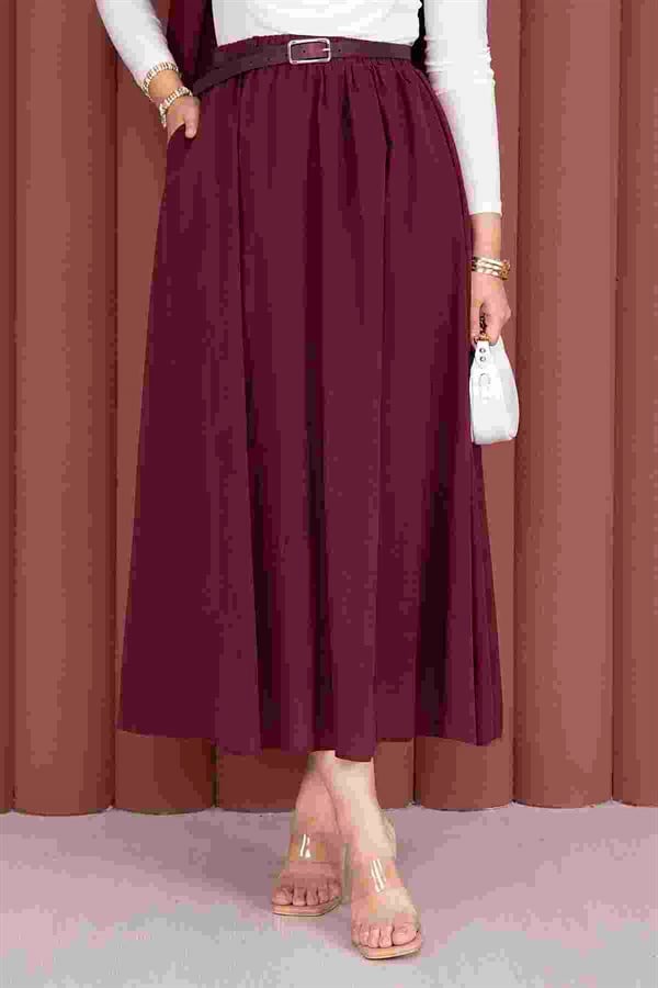 Burgundy Sporty Summer Skirt with Belt and Pockets