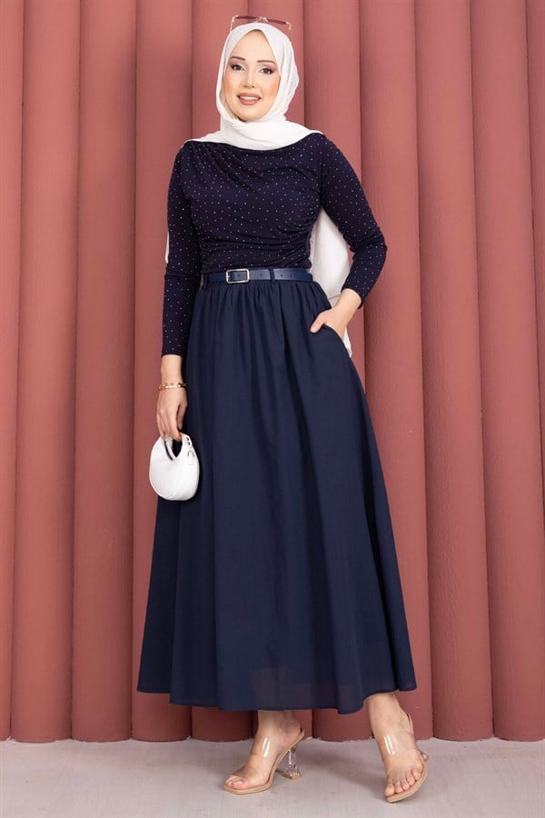 Navy Blue Sporty Summer Skirt with Belt and Pockets