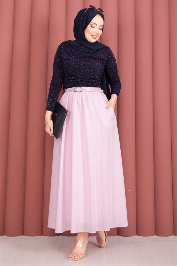 Pink Sporty Summer Skirt with Belt and Pockets