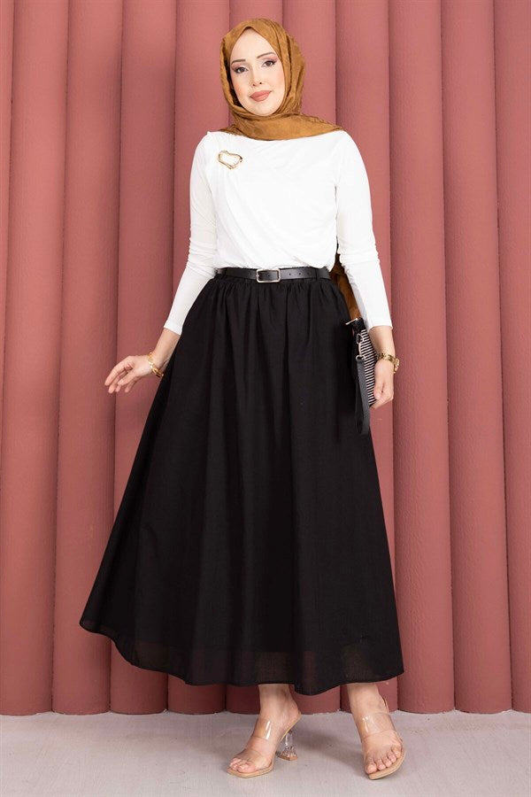 Black Sporty Summer Skirt with Belt and Pockets