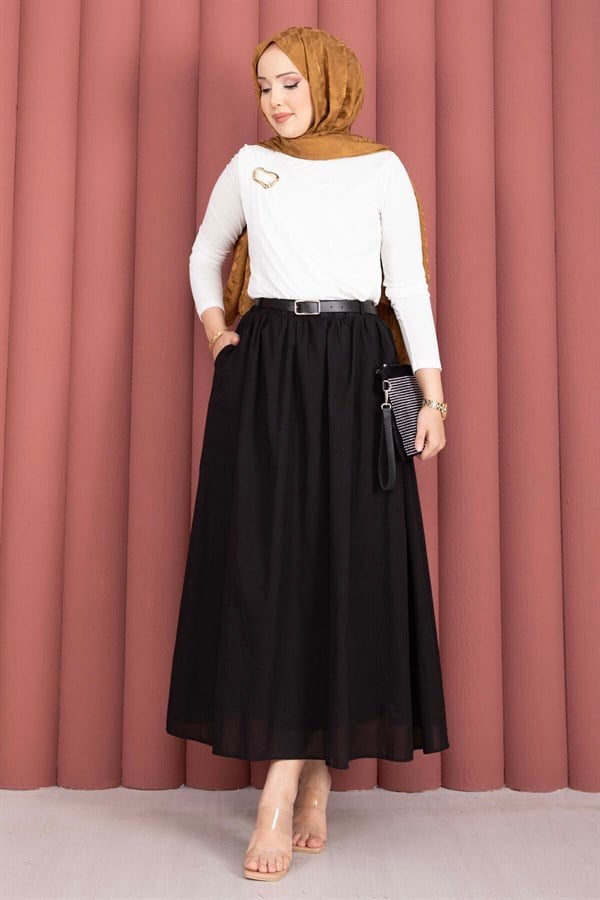 Black Sporty Summer Skirt with Belt and Pockets