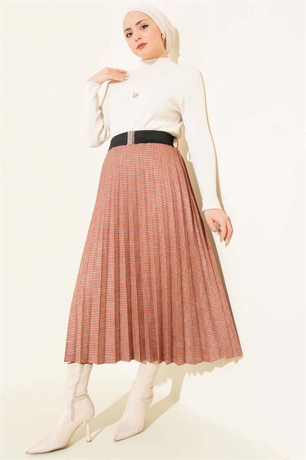 Belted, Elasticated Pleated Skirt in Terracotta
