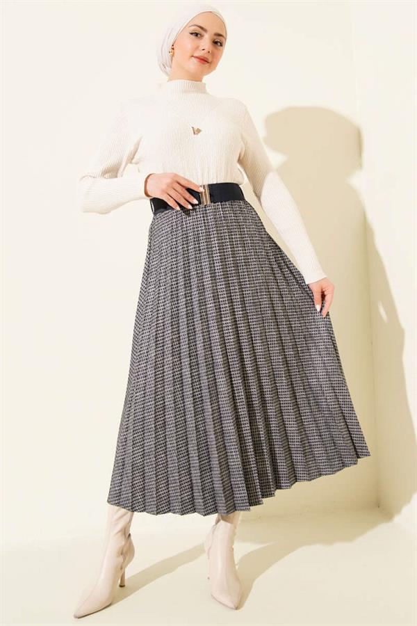 Navy Blue Elastic Waist Pleated Skirt
