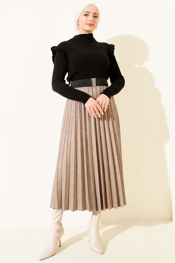 Belted Elastic Waist Pleated Skirt, Mink Color