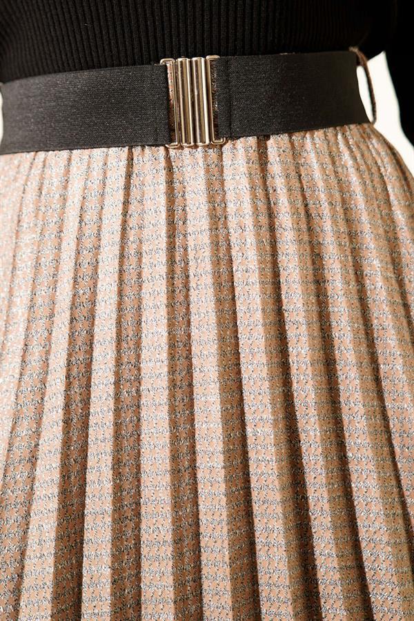 Belted Elastic Waist Pleated Skirt, Mink Color