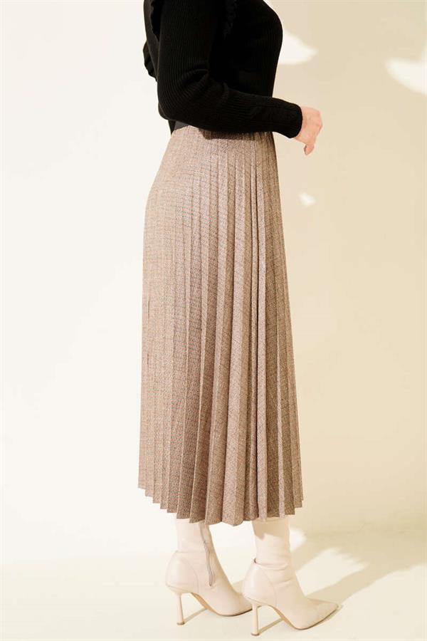 Belted Elastic Waist Pleated Skirt, Mink Color