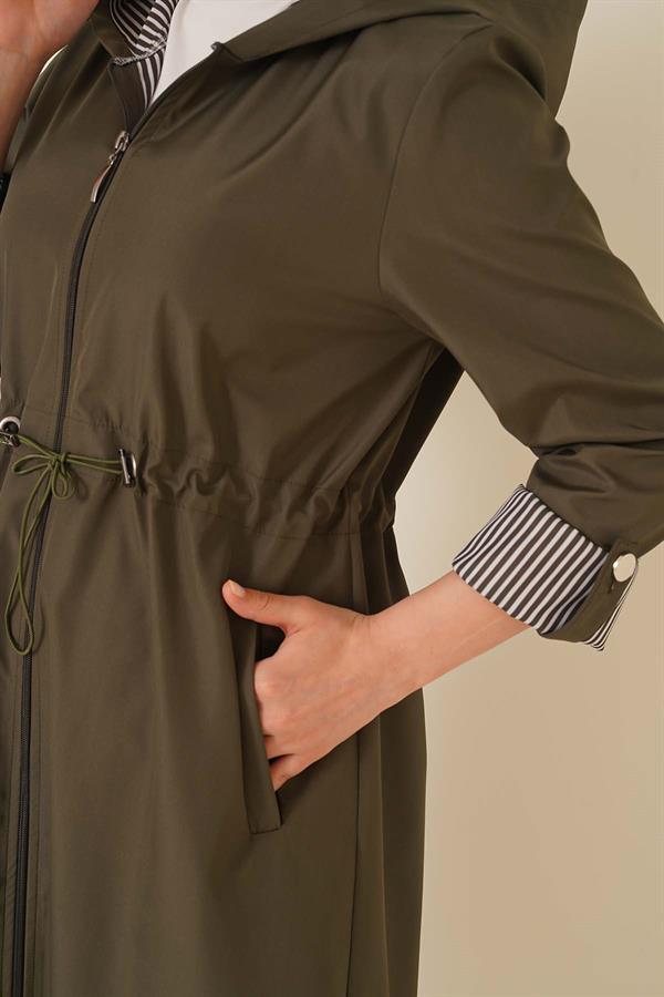 Elastic Waist Drawstring Trench Coat Khaki