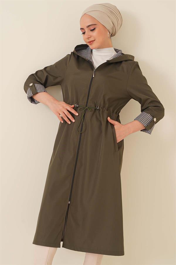 Elastic Waist Drawstring Trench Coat Khaki