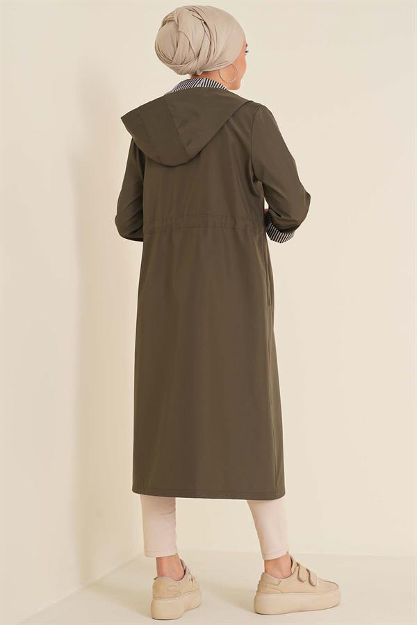Elastic Waist Drawstring Trench Coat Khaki