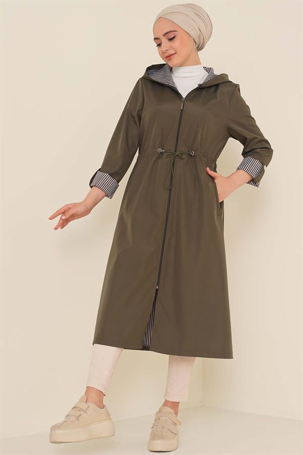 Elastic Waist Drawstring Trench Coat Khaki