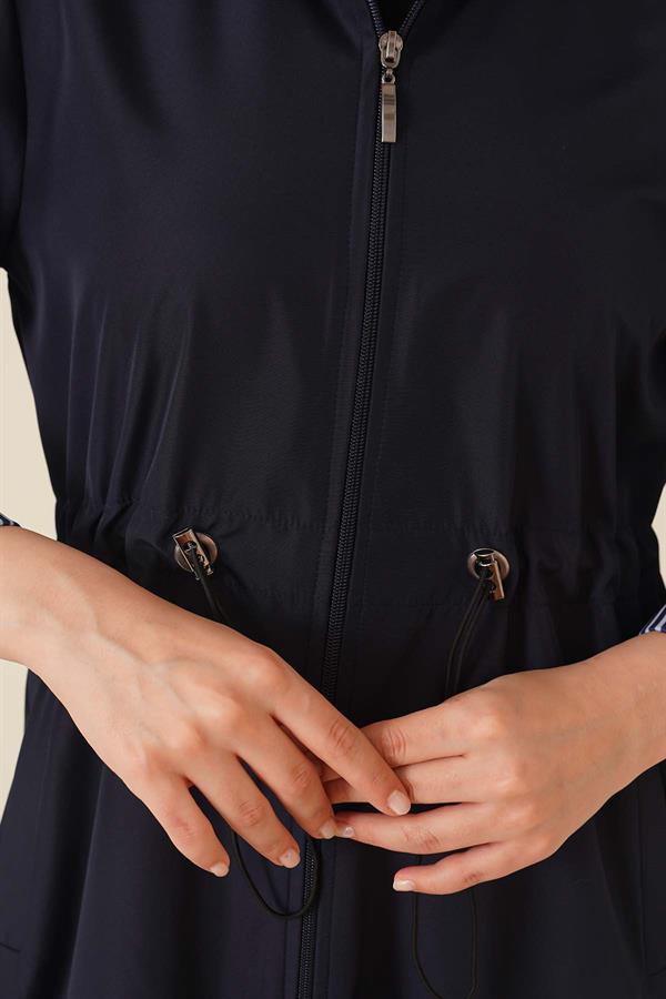 Waist Elastic Drawstring Trench Coat Navy Blue