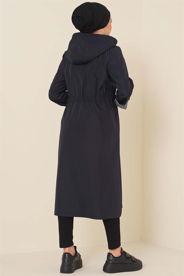 Waist Elastic Drawstring Trench Coat Navy Blue