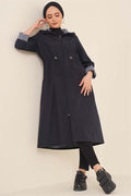 Waist Elastic Drawstring Trench Coat Navy Blue