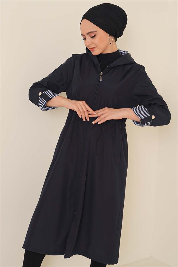 Waist Elastic Drawstring Trench Coat Navy Blue
