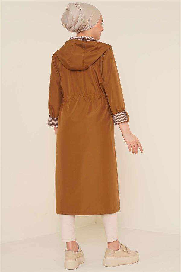  Waist Elastic Drawstring Trench Coat Tan