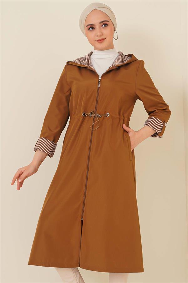  Waist Elastic Drawstring Trench Coat Tan