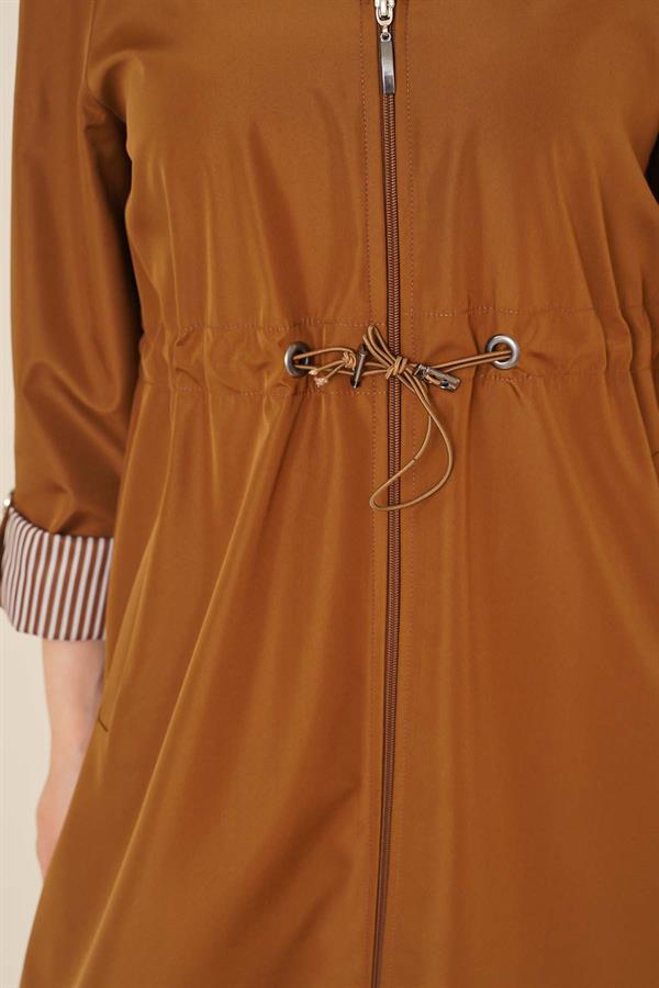  Waist Elastic Drawstring Trench Coat Tan