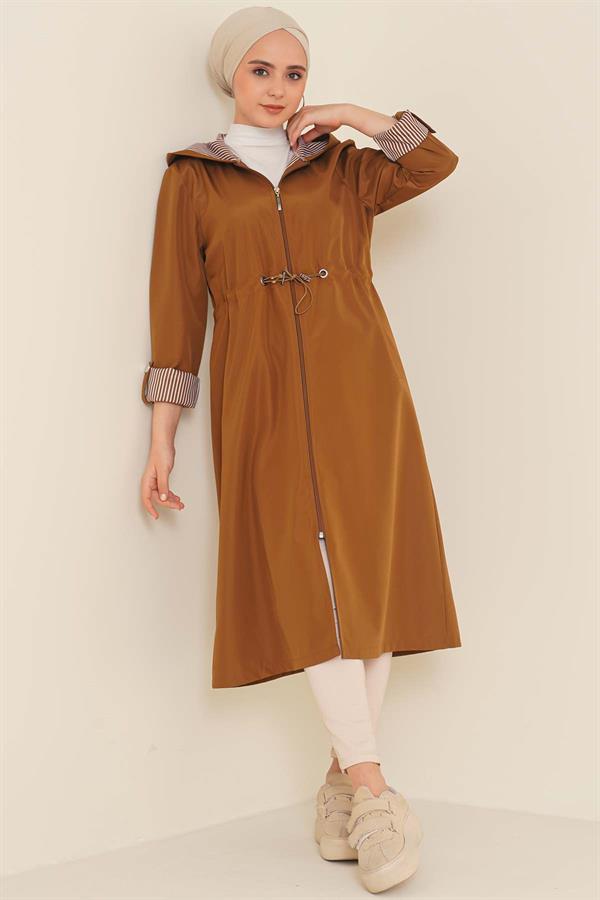 Waist Elastic Drawstring Trench Coat Tan