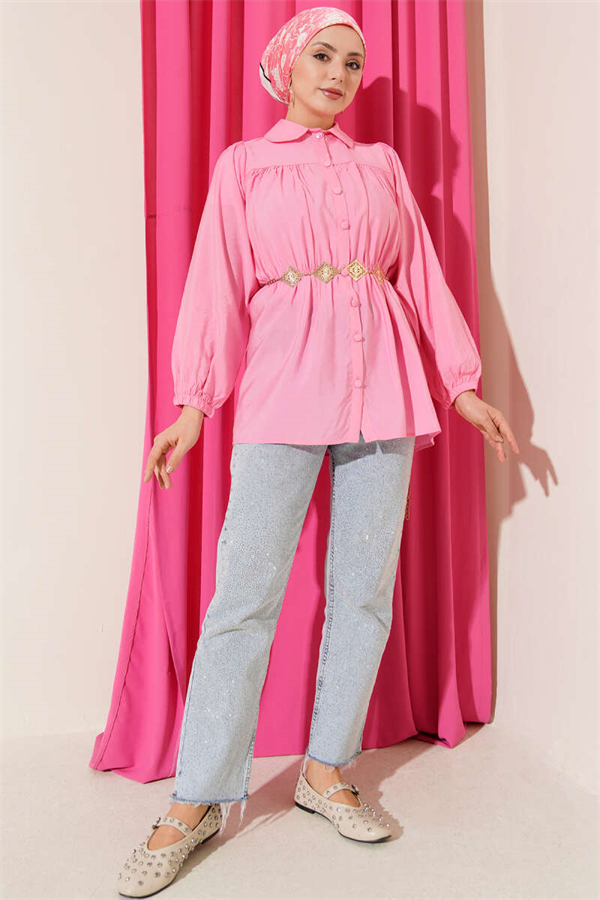 Pink Shirt with Elastic Waist Detail
