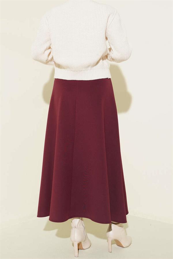 Burgundy Flared Scuba Skirt with Elastic Waist Detail
