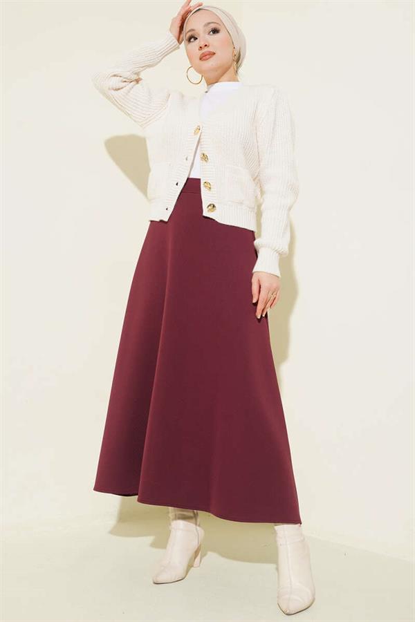 Burgundy Flared Scuba Skirt with Elastic Waist Detail