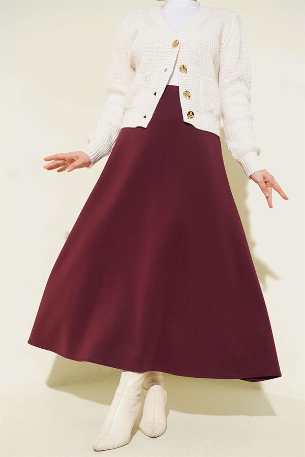 Burgundy Flared Scuba Skirt with Elastic Waist Detail