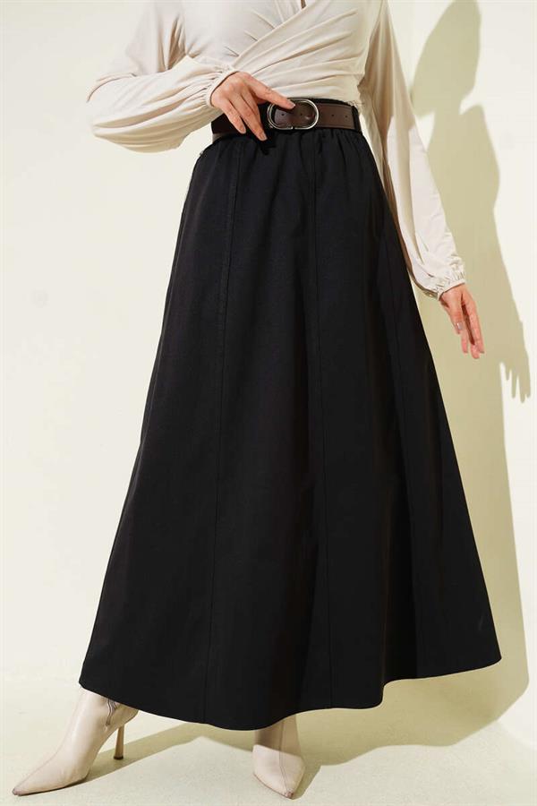 Basic Flared Skirt with Elastic Waist, Black