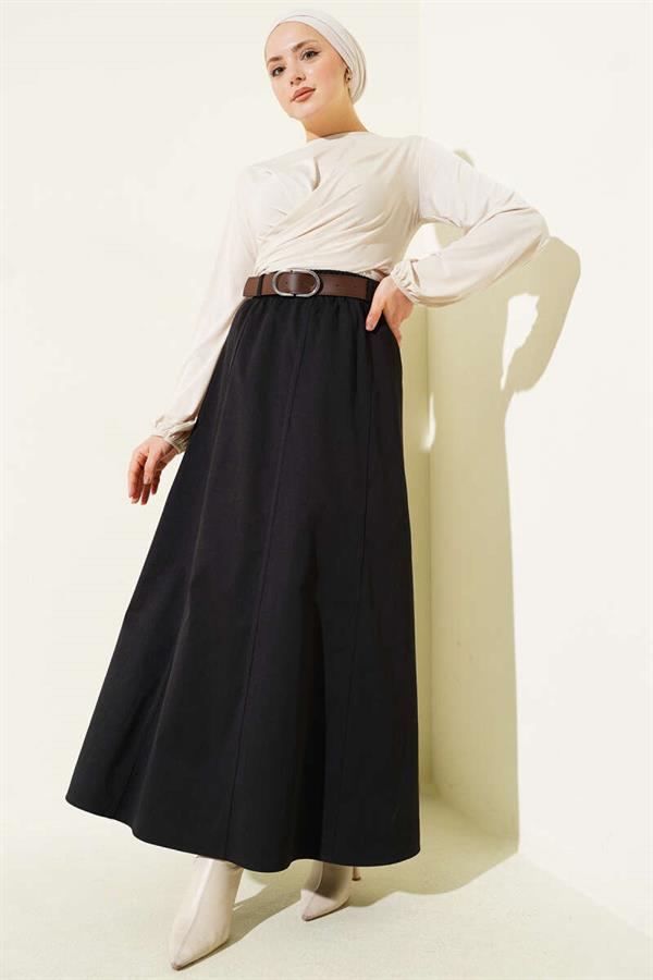 Basic Flared Skirt with Elastic Waist, Black