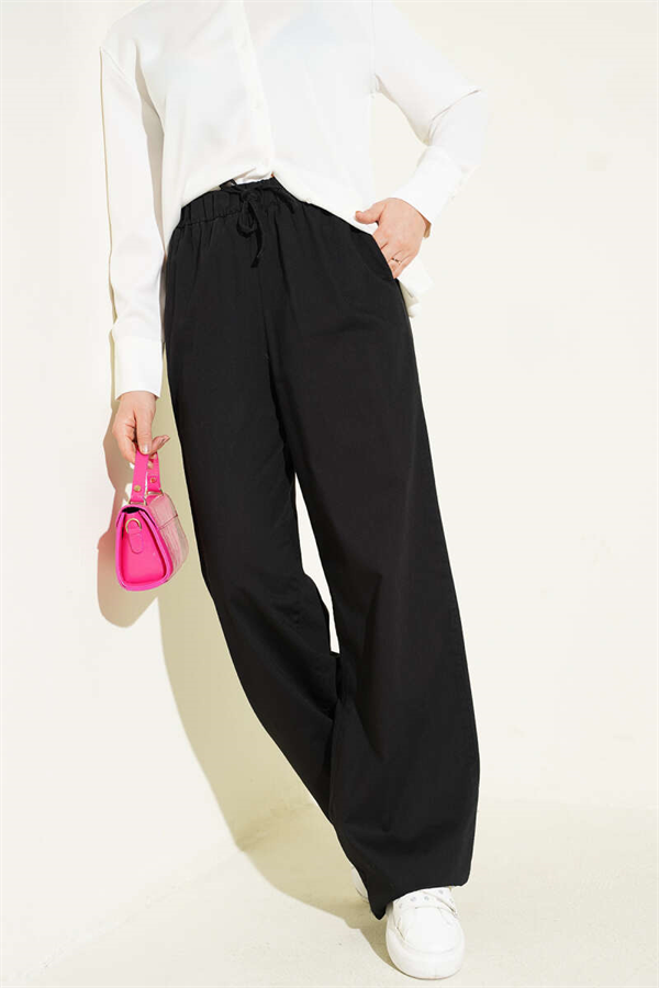 Basic Palazzo Pants with Elastic Waistband, Black