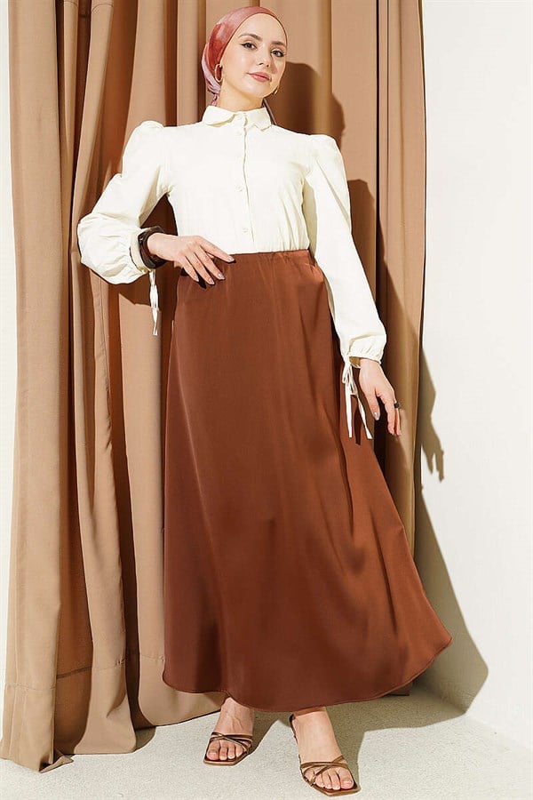 Basic Satin Skirt with Elastic Waistband, Brown