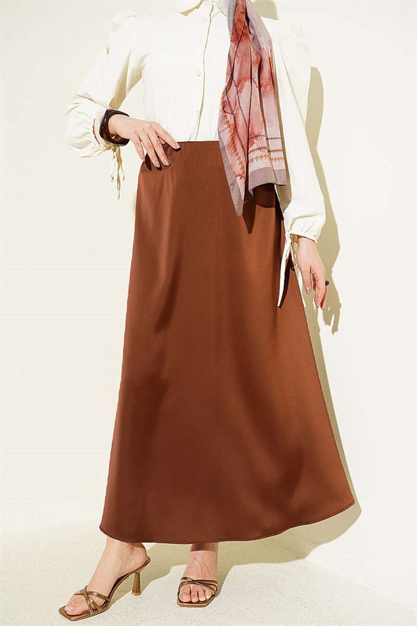 Basic Satin Skirt with Elastic Waistband, Brown