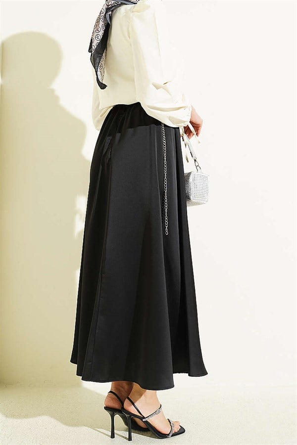 Basic Satin Skirt with Elastic Waistband, Black